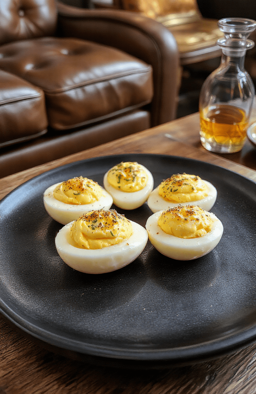 Elegant deviled eggs served on a vintage silver platter, with smooth golden yolks swirled with creamy filling, dusted with smoked paprika and a hint of toasted orange zest, garnished with a single black olive and a twist of candied orange peel, against a背景 of 1960s mid-century modern tableware under soft indoor lighting.