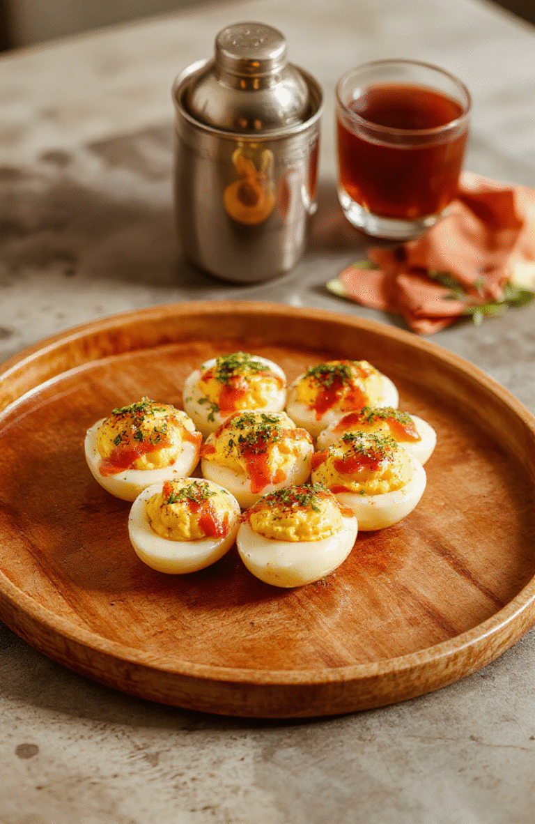 Three artfully prepared deviled eggs on a vintage silver tray, with bright red tomato-free celery salt rim, each topped with a tiny pickled green olive and a delicate drizzle of Bloody Mary reduction, garnished with fresh dill and paprika, set on a polished wooden table with 1960s era cocktail napkins in muted pastels, soft natural lighting, shallow depth of field.