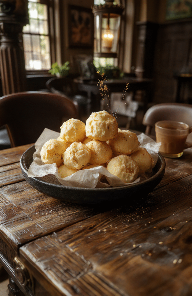 Four round butterbeer-flavored cheesecake pops on a parchment-style tray, each topped with creamy whipped buttercream foam, golden caramel drizzle, and edible gold dust sparks, resting on a wooden surface mimicking Hogwarts castle tables, soft afternoon light, shallow depth of field, ambient warmth.