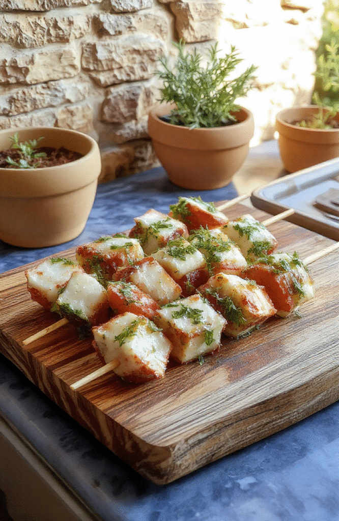 Colorful Greek salad skewers arranged on a rustic wooden board: cherry tomatoes, cucumber chunks, kalamata olives, red onion slices, and crumbly feta cheese layered on skewers, drizzled with extra virgin olive oil and oregano, garnished with fresh basil leaves, backdrop soft-focus Mediterranean sunlit kitchen scene.
