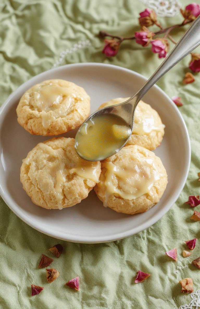 Glowing golden-brown sugar cookies resting on a vintage lace doily beside a vintage silver spoon dripping with iridescent sugar crystals and lemon zest shavings, soft morning light highlighting crispy edges and chewy centers, delicate edible pearl dust shimmer on top