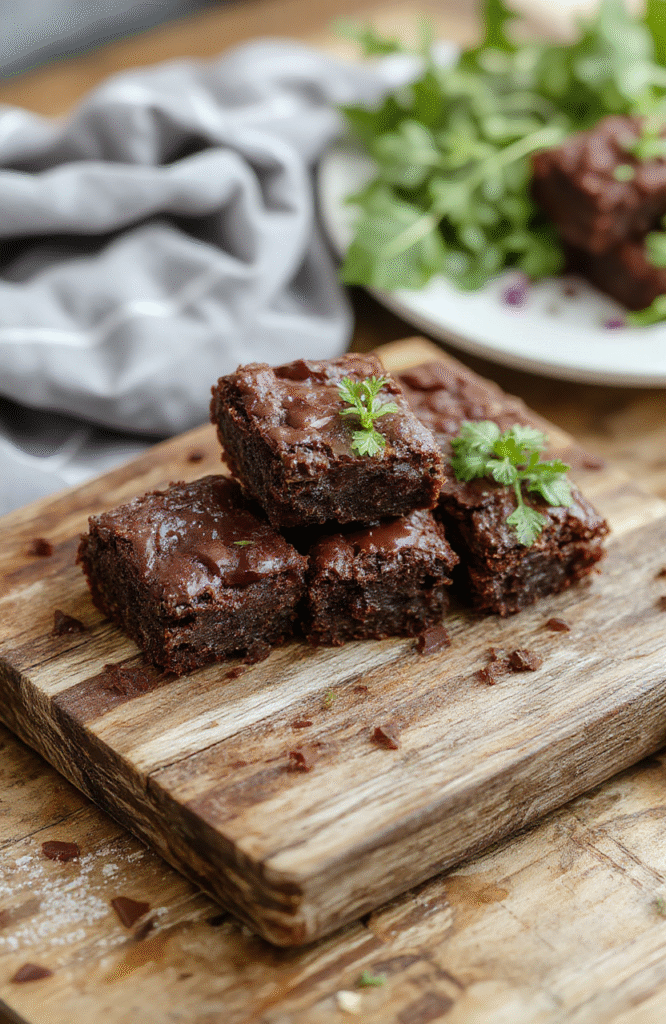 Fudgy, rich chocolate brownies cut into cube-shaped pieces resembling Minecraft dirt blocks, each with a slightly craggy top, dusted with edible dark cocoa powder to mimic soil, placed on a rustic wooden cutting board with realistic soil texture and tiny embedded chocolate chunk 'dirt' bits.