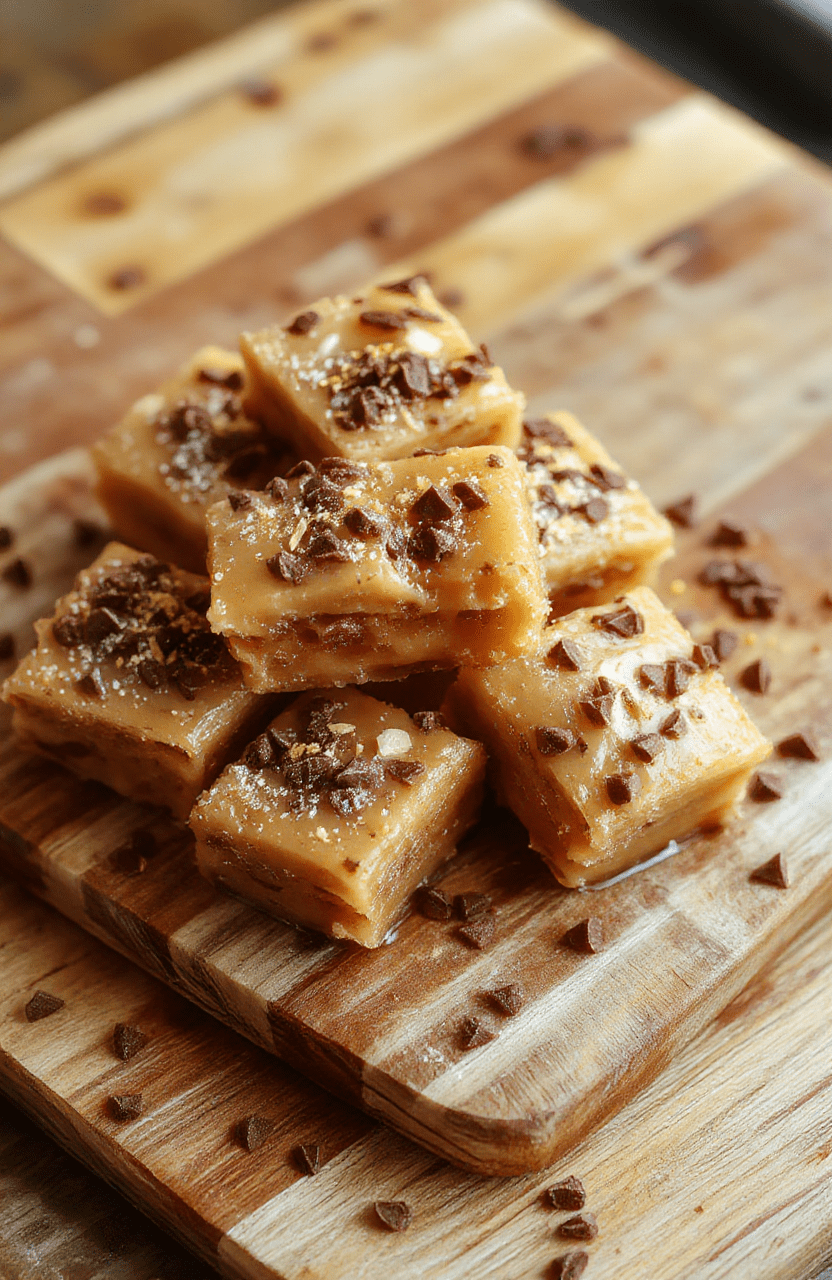 A golden-hued caramel treat shaped like a Minecraft apple with a bright redapple core and golden sparkle glaze, resting on a rustic wooden cutting board with subtle pixel-art texture. Background includes warm amber lighting, scattered chocolate chips representing dirt, and a few sugar-dusted edible 'diamond' crystals nearby.
