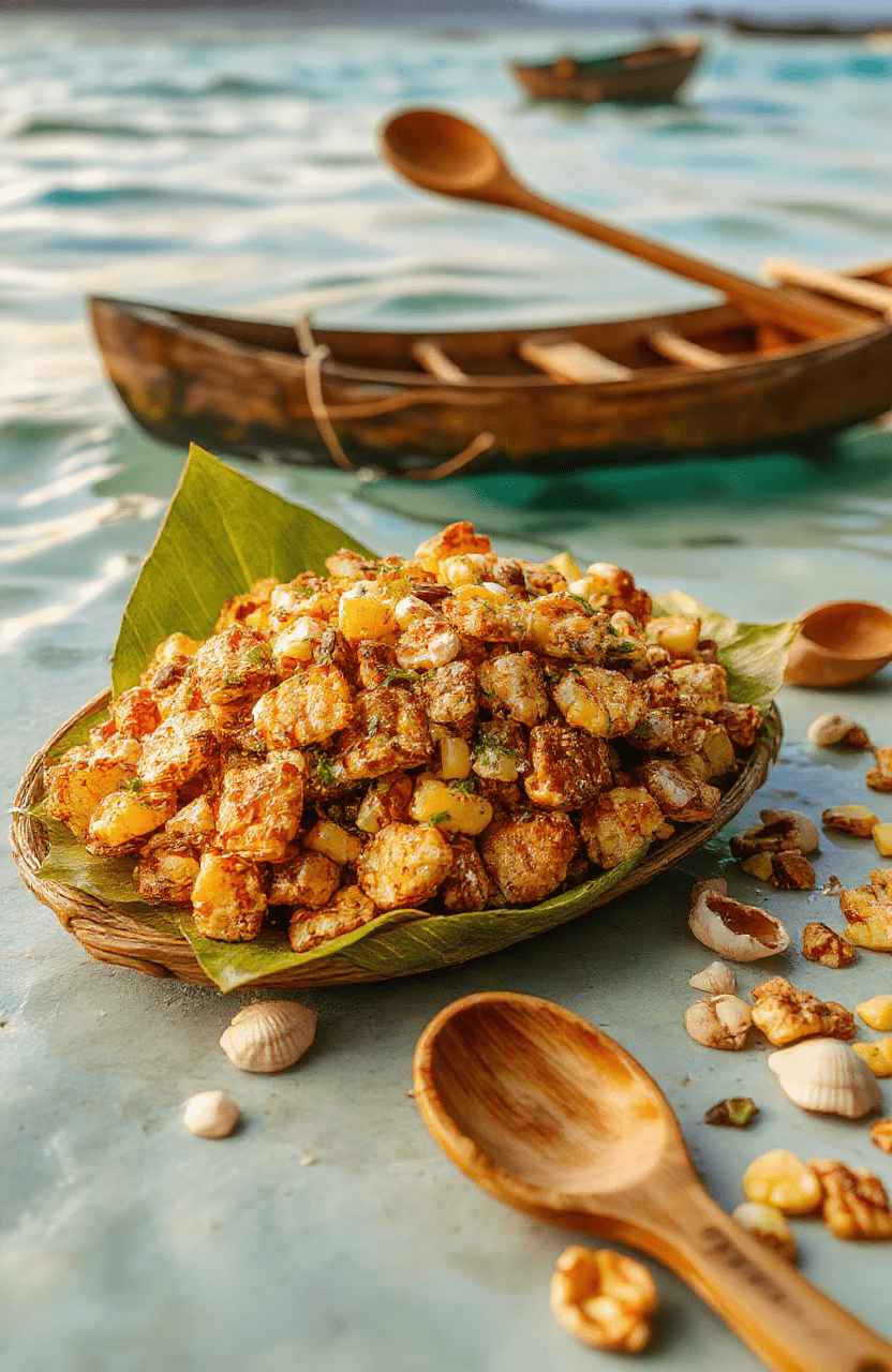 Vibrant bowl of sweet-spicy corn snack mix with roasted corn kernels, golden rice crispy treats shaped like chicken feet, crushed pretzels, shredded coconut, and paprika-dusted popcorn, arranged on a woven palm-leaf tray against a tropical beach backdrop with soft blue ocean waves in background.