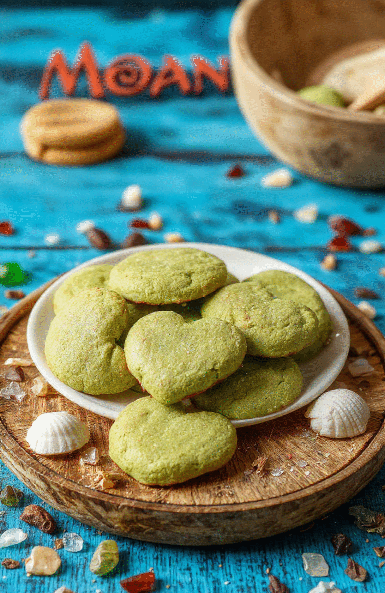 Two vibrant green matcha cookies shaped like Te Fiti's heart, glistening with edible gold dust, resting on a rustic wooden board beside a whole poha berry and a whisper of matcha powder, soft sunlight highlighting their chewy center and crisp edges