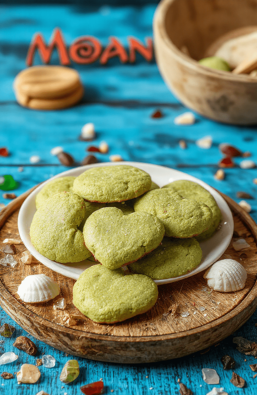 Two vibrant green matcha cookies shaped like Te Fiti's heart, glistening with edible gold dust, resting on a rustic wooden board beside a whole poha berry and a whisper of matcha powder, soft sunlight highlighting their chewy center and crisp edges
