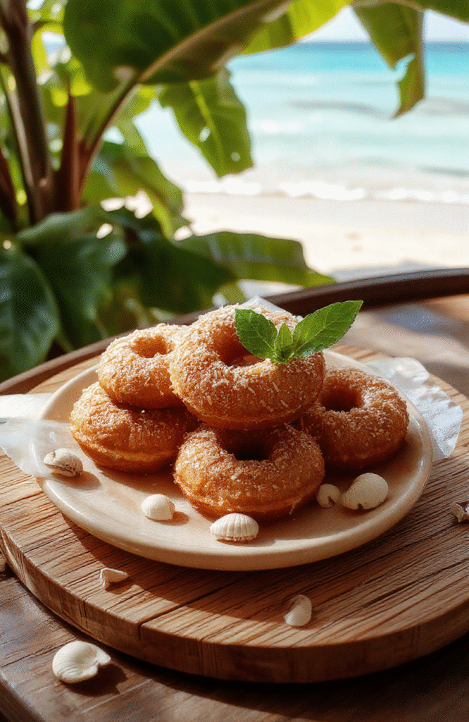 Three golden-brown coconut-coated donuts with vibrant pink hibiscus glaze, placed on a rustic wooden board beside tropical fruits like mango and papaya, with a faint coconut topping swirl, soft natural light casting warm shadows, fresh edible flowers and a pinch of toasted coconut flakes scattered nearby.