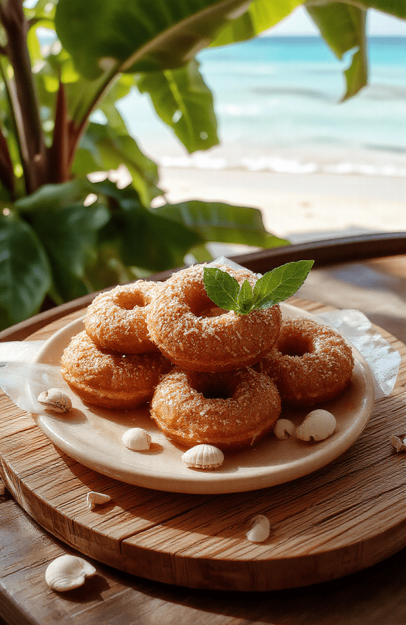 Three golden-brown coconut-coated donuts with vibrant pink hibiscus glaze, placed on a rustic wooden board beside tropical fruits like mango and papaya, with a faint coconut topping swirl, soft natural light casting warm shadows, fresh edible flowers and a pinch of toasted coconut flakes scattered nearby.