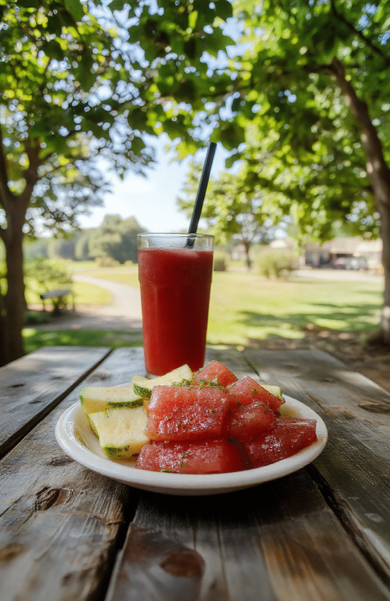 Refreshing fizzy watermelon juice served in a clear glass with fresh watermelon wedges, mint leaves, and a few ice cubes. Background is softly blurred with a sunny backyard picnic vibe.