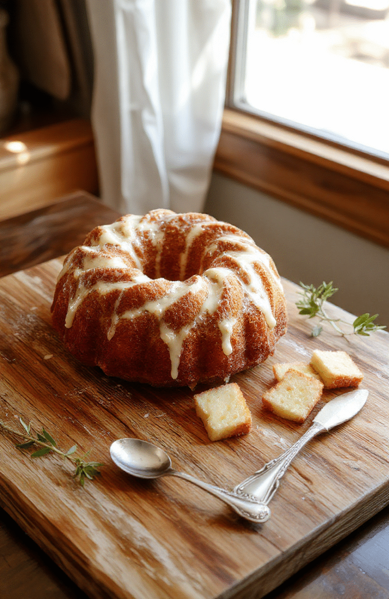 A golden-brown, glistening Greek-style olive oil bundt cake resting on a rustic wooden board, dusted with powdered sugar and drizzled with golden honey, garnished with toasted pine nuts and pomegranate arils, set against a soft white linen backdrop with subtle Greek key etching in background.