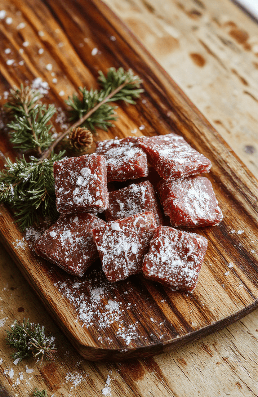 Vibrant ruby-red Narnia Turkish Delight cubes dusted with powdered sugar, arranged on a rustic wooden board beside a sprig of rosemary, with subtle snowflake patterns and golden candied citrus zest visible on the surface, styled against a backdrop of frosty pine branches.