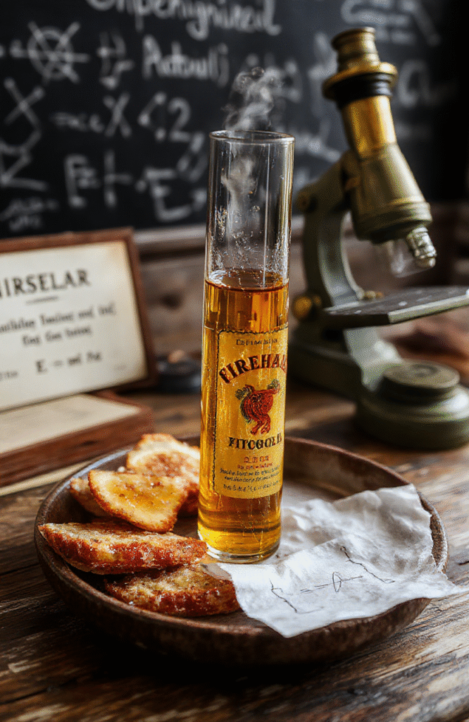 Glowing red-orange atomic fireball cocktail in a vintage test tube, suspended over a cracked Geiger counter with sparking neon accents, smoke diffusing around it, dark background with faint scientific schematics, dramatic lighting highlighting fiery hues and condensation on glass