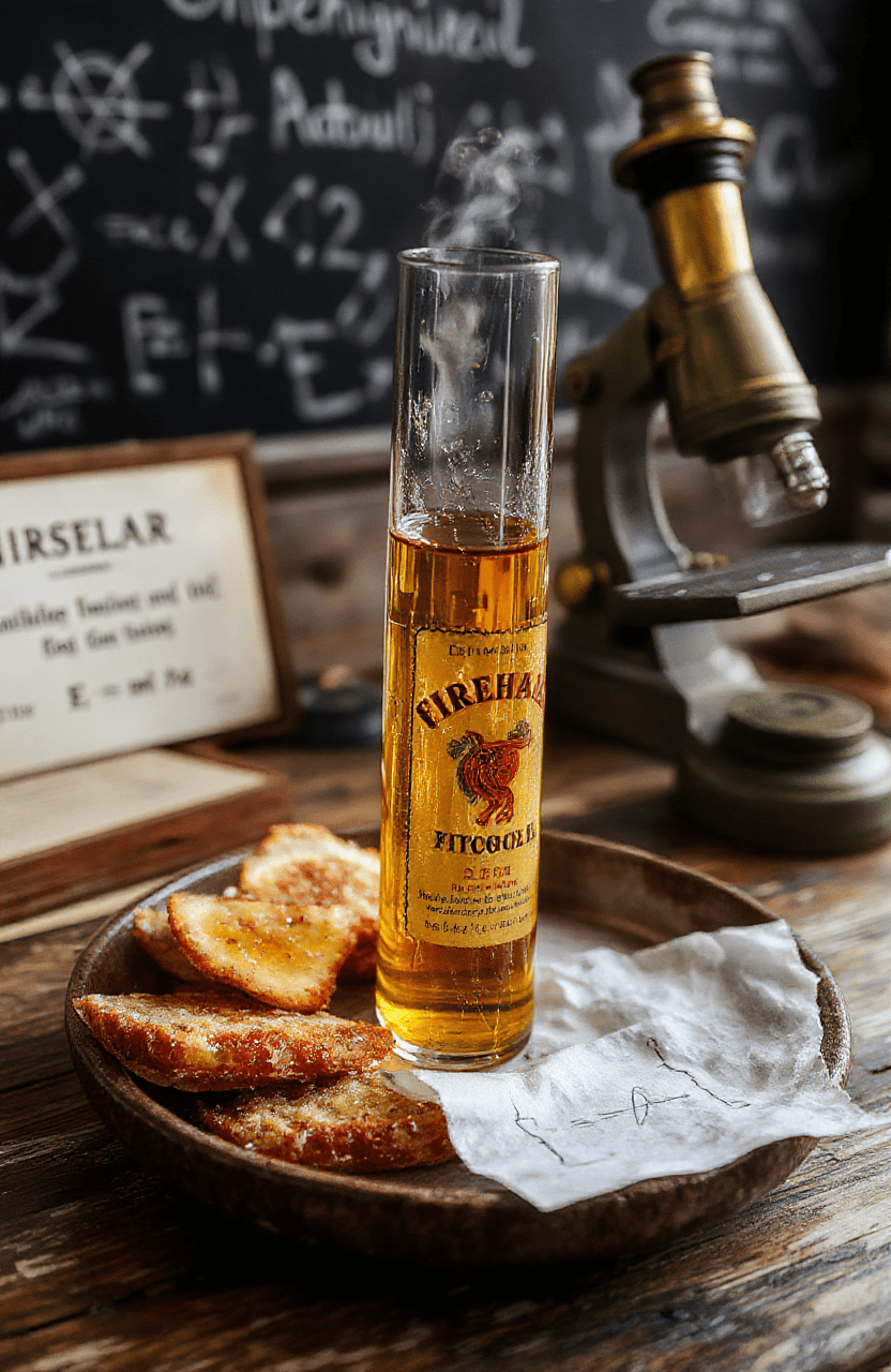 Glowing red-orange atomic fireball cocktail in a vintage test tube, suspended over a cracked Geiger counter with sparking neon accents, smoke diffusing around it, dark background with faint scientific schematics, dramatic lighting highlighting fiery hues and condensation on glass