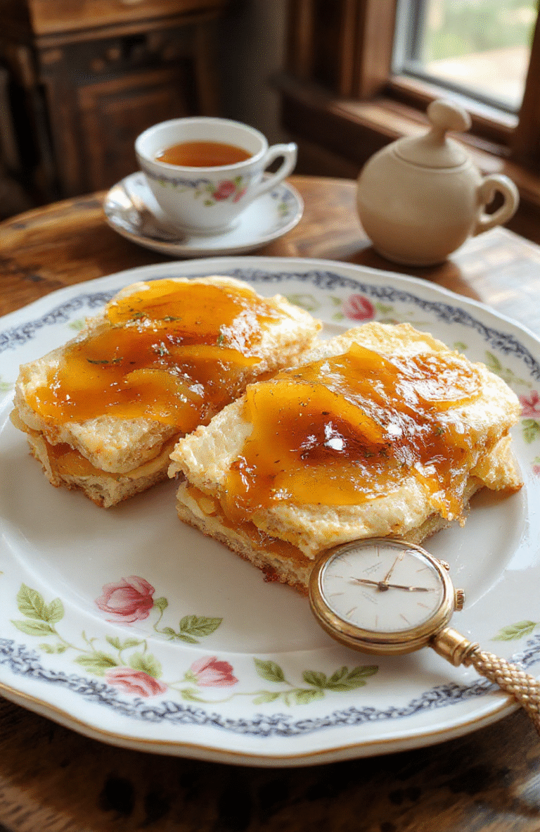 Two buttered white bread sandwiches filled with bright orange marmalade, lightly toasted crusts, placed side-by-side on a vintage ceramic plate beside a steaming mug of Earl Grey tea and a small jar of homemade marmalade, in warm, natural daylight with soft shadows
