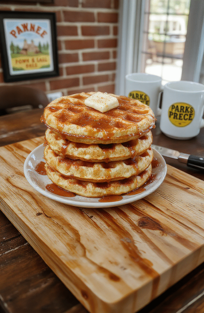A towering stack of golden-brown, fluffy waffles drizzled with maple syrup and topped with fresh blueberries, sliced strawberries, and a dollop of whipped cream, served on a rustic wooden cutting board with a side of crumbled bacon and powdered sugar dusting the plate.