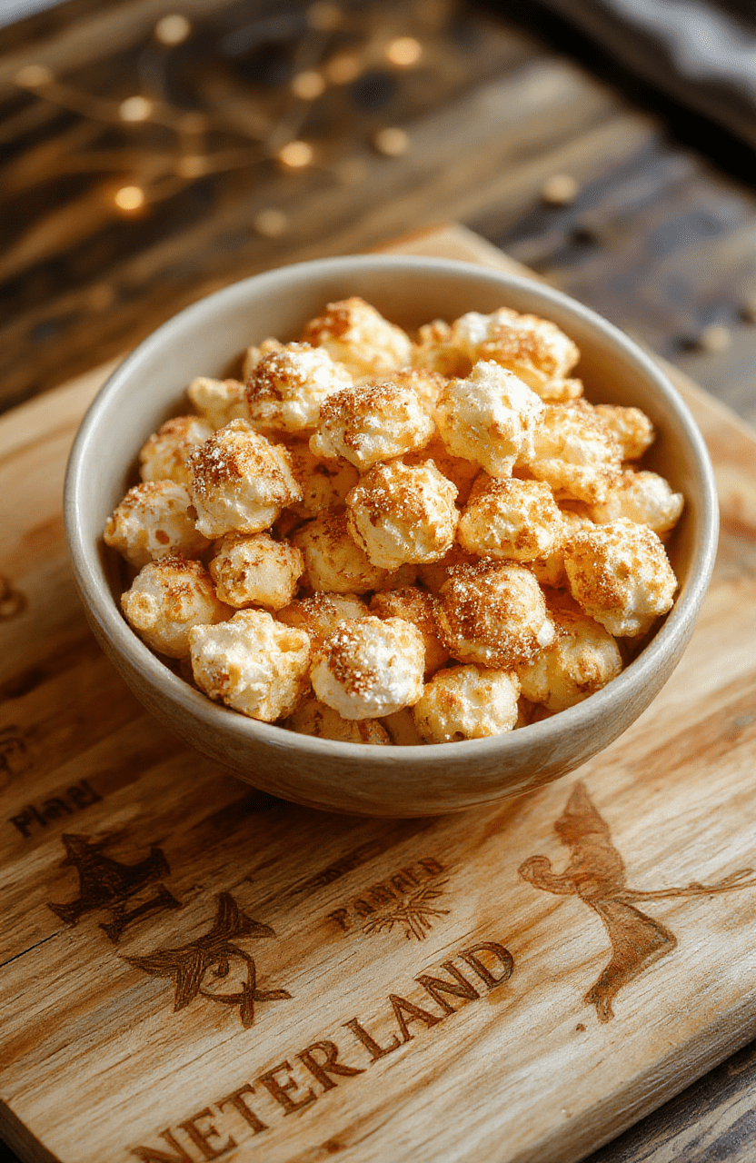 Glowing neon-greenและ-white popcorn scattered on a rustic wooden board with golden fairy lights, tiny edible glitter sparks, and a sprinkle of iridescent sugar crystals. A small glass jar labeled 'Pixie Dust' sits nearby. Soft sunlight highlights the popcorn's texture and shimmer.