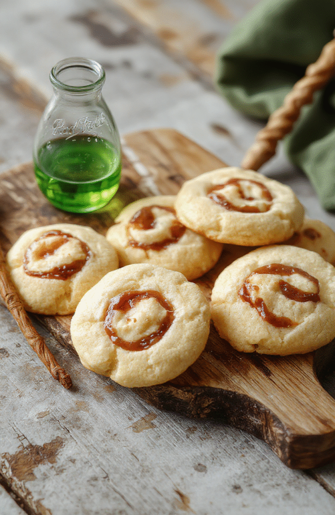 Two whimsical green-tinted cookies with swirls of golden caramel on a rustic wooden board, dusted with edible glitter, set beside a small jar labeled 'Polyjuice Potion', in soft natural light. The cookies have a magical shimmer and realistic texture, with visible caramel swirls contrasting the vibrant emerald base.