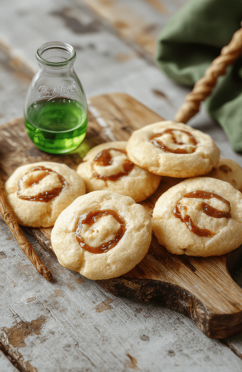 Two whimsical green-tinted cookies with swirls of golden caramel on a rustic wooden board, dusted with edible glitter, set beside a small jar labeled 'Polyjuice Potion', in soft natural light. The cookies have a magical shimmer and realistic texture, with visible caramel swirls contrasting the vibrant emerald base.