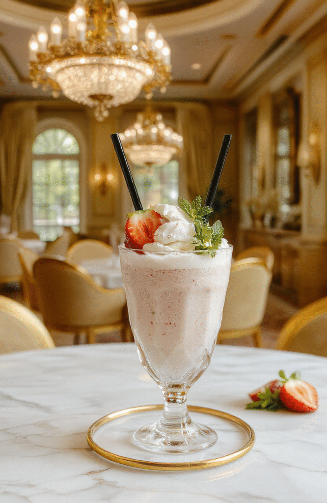 A elegant champagne flute filled with ruby red strawberries, vanilla ice cream scooped artistically on top, crowned with fresh berries and a delicate mint leaf, bubbles rising gently through the creamy layers, set on a soft ivory linen background with soft daylight lighting