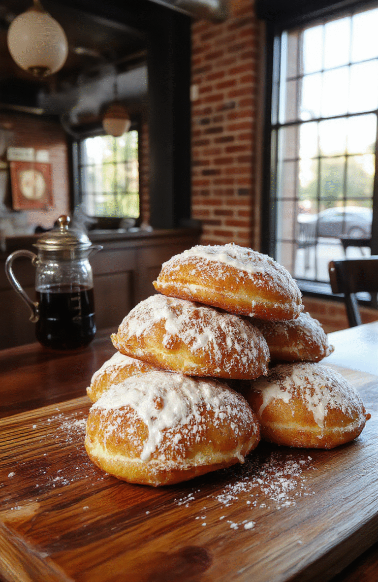 Freshly fried beignets dusted generously with powdered sugar, arranged on a vintage wooden board with a cup of chicory coffee beside them, soft natural light, cozy café setting with brass accents and cast-iron lacework details evoking 1930s New Orleans.