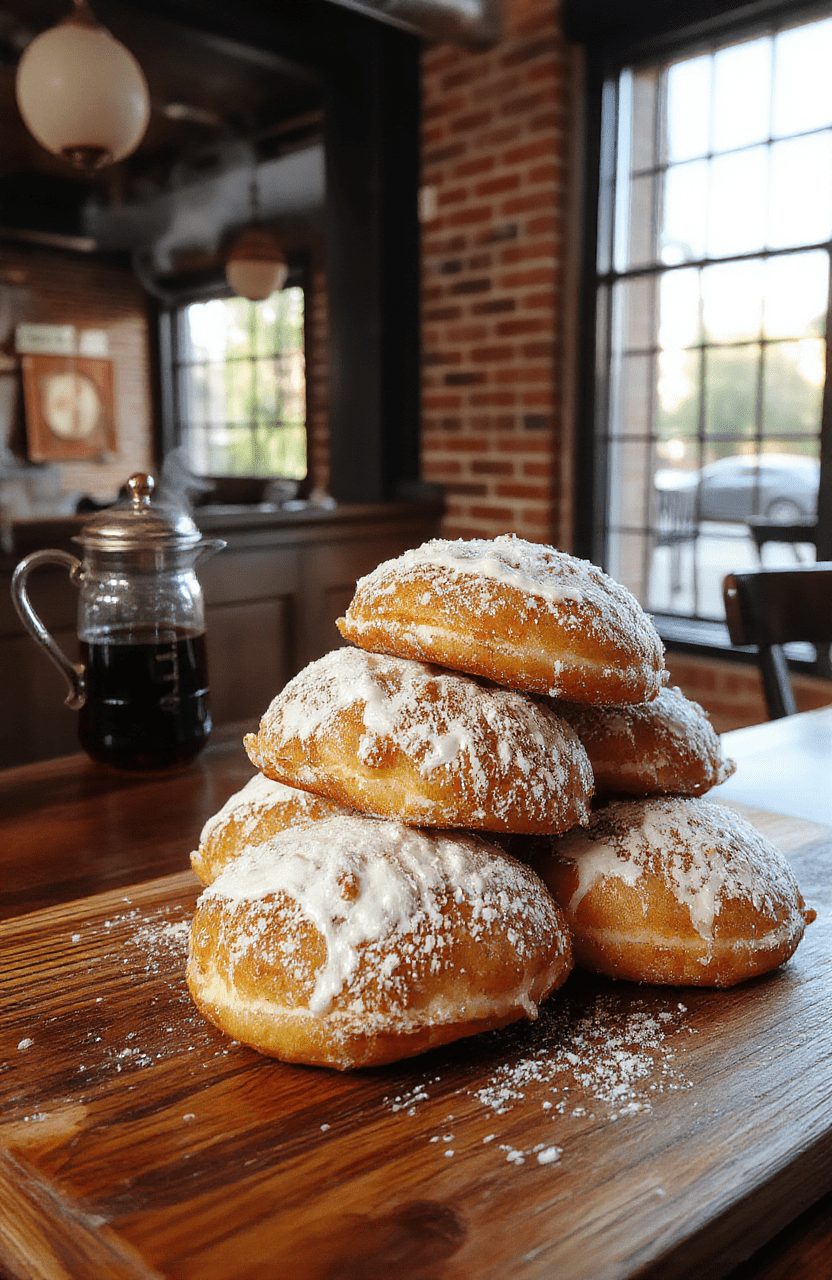 Freshly fried beignets dusted generously with powdered sugar, arranged on a vintage wooden board with a cup of chicory coffee beside them, soft natural light, cozy café setting with brass accents and cast-iron lacework details evoking 1930s New Orleans.