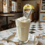 A thick, creamy milkshake in a tall vintage glass with whipped cream, a maraschino cherry, and chocolate drizzle, sitting on a polished wooden diner counter with a vintage sodium-vapor lamp in the background, cinematic lighting, nostalgic 70s vibe, shallow depth of field.