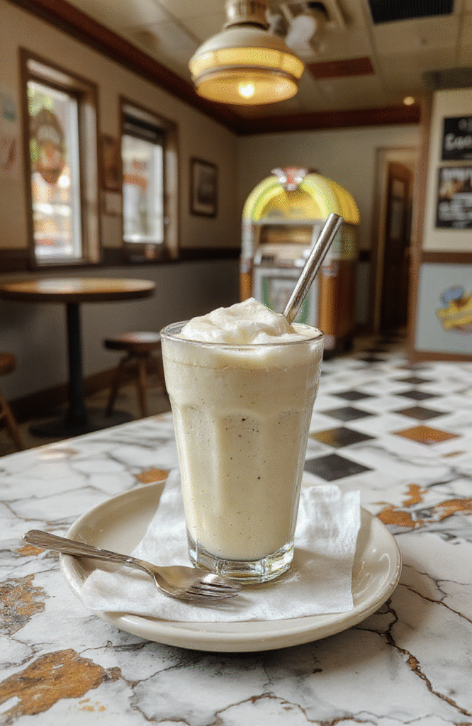 A thick, creamy milkshake in a tall vintage glass with whipped cream, a maraschino cherry, and chocolate drizzle, sitting on a polished wooden diner counter with a vintage sodium-vapor lamp in the background, cinematic lighting, nostalgic 70s vibe, shallow depth of field.