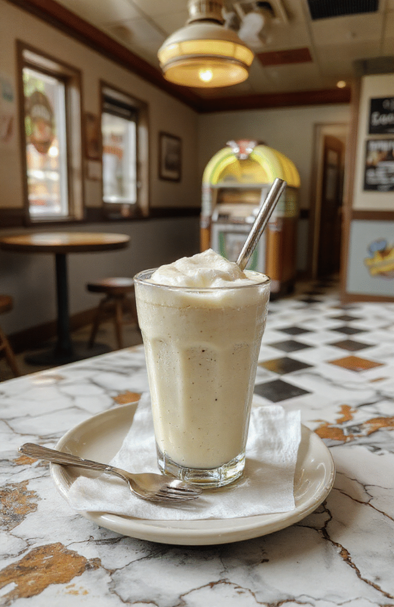 A thick, creamy milkshake in a tall vintage glass with whipped cream, a maraschino cherry, and chocolate drizzle, sitting on a polished wooden diner counter with a vintage sodium-vapor lamp in the background, cinematic lighting, nostalgic 70s vibe, shallow depth of field.