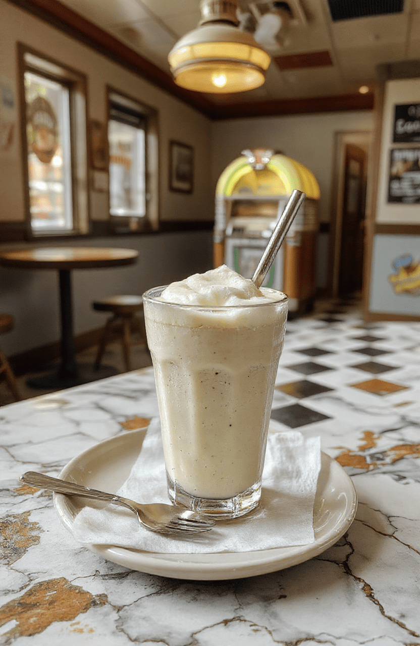 A thick, creamy milkshake in a tall vintage glass with whipped cream, a maraschino cherry, and chocolate drizzle, sitting on a polished wooden diner counter with a vintage sodium-vapor lamp in the background, cinematic lighting, nostalgic 70s vibe, shallow depth of field.