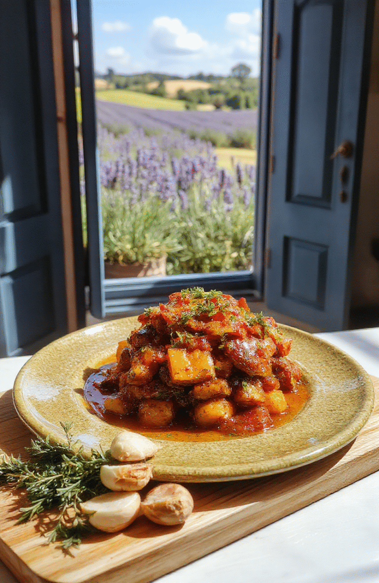A beautifully layered ratatouille confit byaldi with thin slices of eggplant, zucchini, and tomato arranged in precise concentric circles atop a rustic ceramic plate, topped with fresh basil and drizzled with golden olive oil, in soft natural light