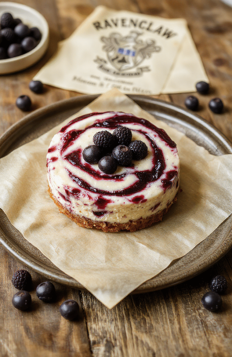 Vibrant blueberry swirl cheesecake with visible swirling ribbons of rich blueberry compote against a pale blue cheesecake base, garnished with fresh blueberries and edible silver dragées, served on a rustic wooden板 with a quill and parchment snippet nearby