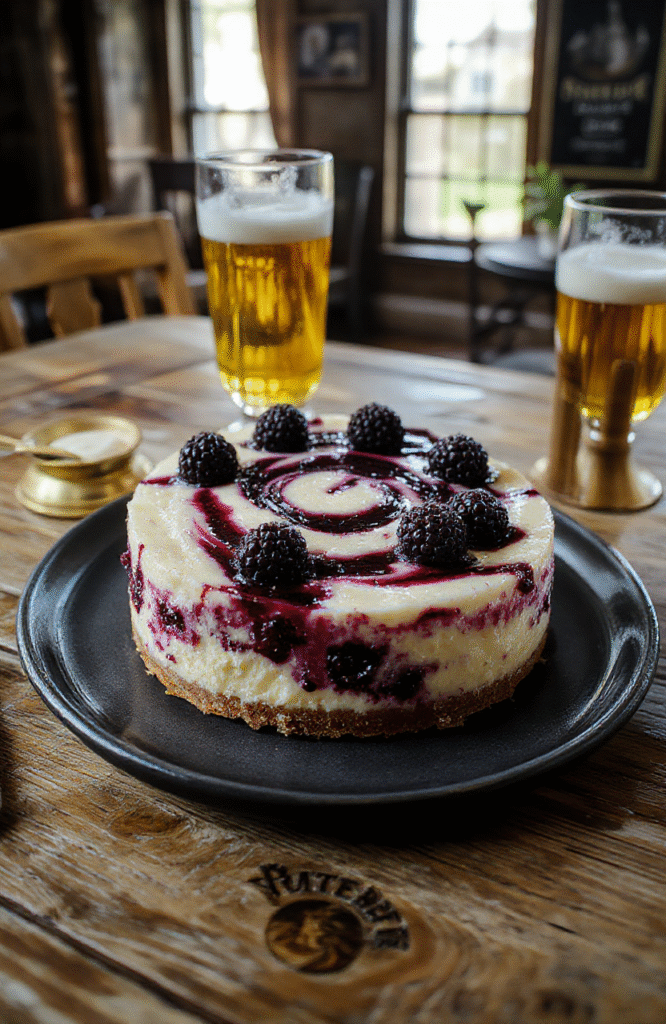 A rich, creamy blueberry swirl cheesecake with a graham cracker crust, sitting on a wooden board, swirled with vibrant purple and blue berry compote, garnished with fresh blueberries and edible silver dust, resembling Hogwarts house colors