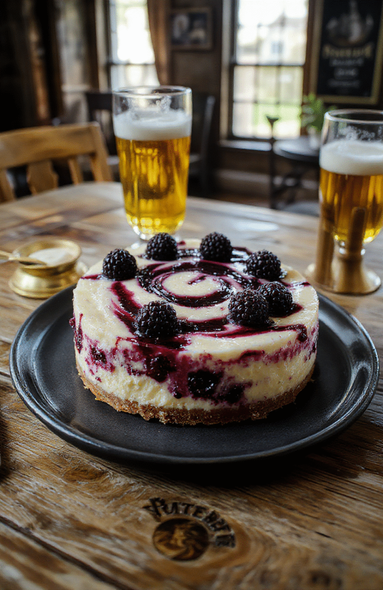 A rich, creamy blueberry swirl cheesecake with a graham cracker crust, sitting on a wooden board, swirled with vibrant purple and blue berry compote, garnished with fresh blueberries and edible silver dust, resembling Hogwarts house colors