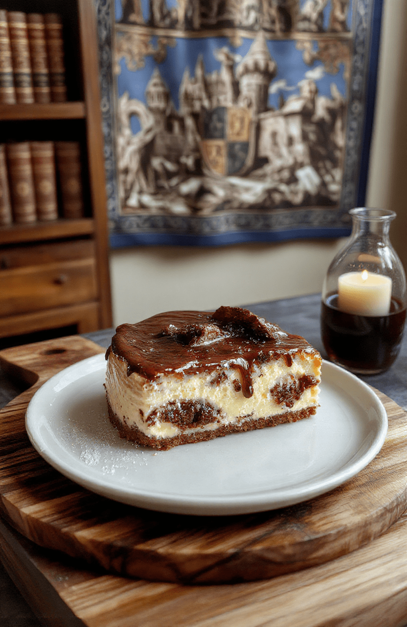 A rich, golden-brown cheesecake with swirls of butterscotch and vanilla, topped with a dusting of shimmering silver sugar, resting on a dark wood board beside a steaming mug of butterbeer and a quill—mismatched ceramic plate, soft natural light, Hogwarts-inspired ambiance