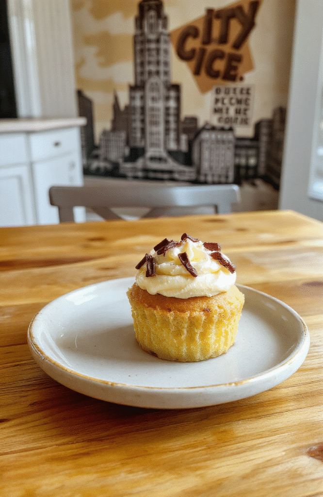 Vintage-style pink-tinted vanilla cupcakes with swirls of creamy pink vanilla frosting, topped with pastel rainbow sprinkles, resting on a clean white ceramic plate beside a vintage-style Magnolia Bakery paper cupcake wrapper and a small glass of milk. Soft natural daylight casts gentle shadows, background is light wood with subtle NYC skyline elements.