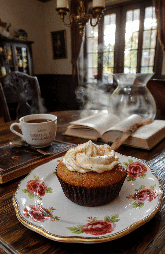 A pair of elegant vanilla Earl Grey cupcakes on a slate-gray cake stand, each topped with a delicate lavender-tinged buttercream swirl and a small edible silver teacup topper, resting on a marble surface with subtle Sherlock Holmes-themed props: a tiny deerstalker hat piplet, a miniature magnifying glass, and a faint steam wisp suggesting fresh-baked warmth.