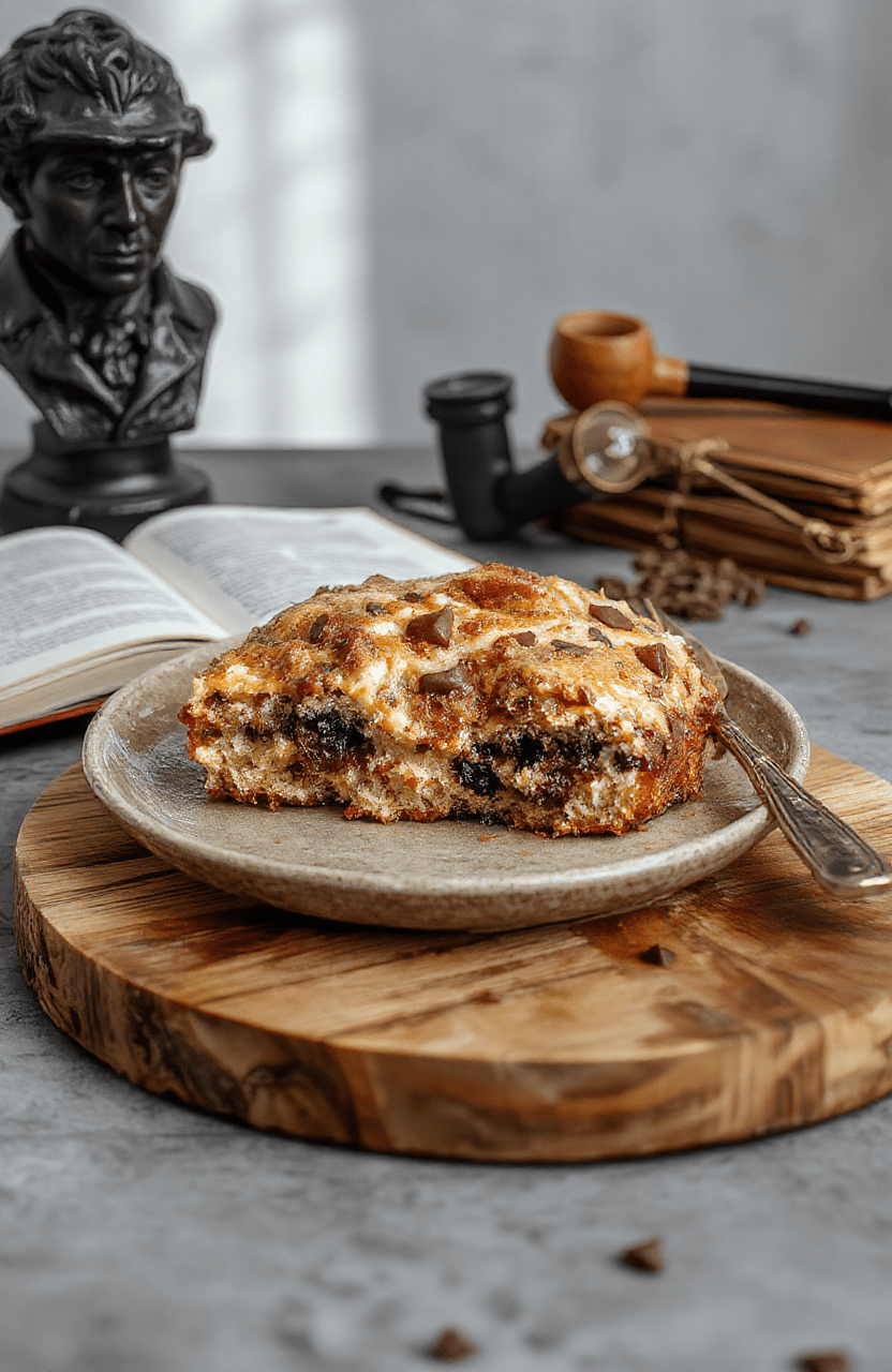 A rich, moist coffee cake with swirls of cinnamon sugar and crystallized ginger, dusted with powdered sugar like fresh London snow, served on a rustic wooden cutting board beside an old-fashioned coffee cup and a magnifying glass on a leather-bound notebook.