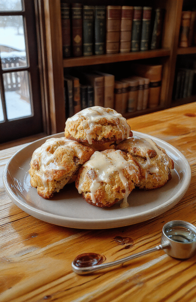 Two golden-brown vanilla bean scones dusted with powdered sugar, resting on a rustic wooden board beside a steaming cup of Earl Grey tea. A delicate drizzle of pale amber Earl Grey glaze cascades over the scones, highlighting their flaky, tender crumb and flecks of real vanilla bean. Soft natural light filters through a book-lined window, casting gentle shadows and highlighting the warm tones of aged leather and brass. A closed detective novel rests nearby with a magnifying glass on its covers.