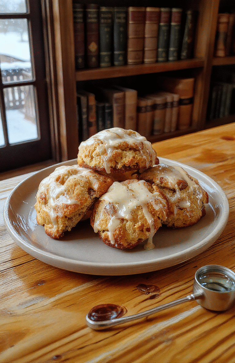 Two golden-brown vanilla bean scones dusted with powdered sugar, resting on a rustic wooden board beside a steaming cup of Earl Grey tea. A delicate drizzle of pale amber Earl Grey glaze cascades over the scones, highlighting their flaky, tender crumb and flecks of real vanilla bean. Soft natural light filters through a book-lined window, casting gentle shadows and highlighting the warm tones of aged leather and brass. A closed detective novel rests nearby with a magnifying glass on its covers.