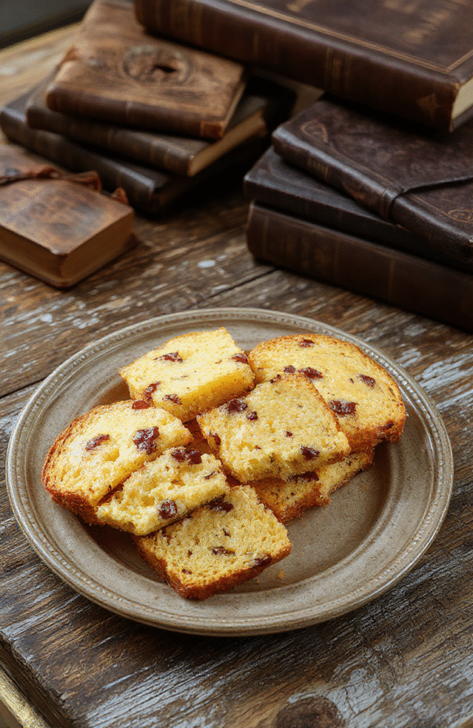 Two traditional-style tea cakes with crumbly, golden-brown tops and subtle molasses glaze, resting on a rustic wooden board, surrounded by old-world props: a vintage brass teapot, a stack of weathered Sherlock Holmes novels, and a delicate handwritten note with a seal, under soft daylight with soft shadows.