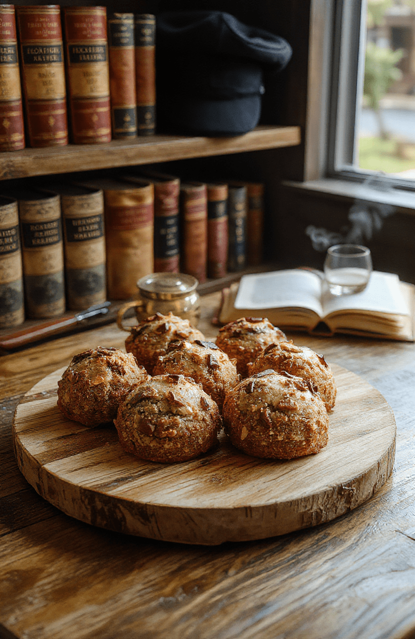 Classic Sherlock Holmes London Fog Tea Cakes on a rustic wooden tray: golden-brown shortbread squares dusted with powdered sugar, each embedded with a single dark candied orange slice and a drizzle of caramel, served with a steaming cup of Earl Grey tea in a fine bone china cup against a blurred backdrop of London street scenes and vintage bookstore shelves.