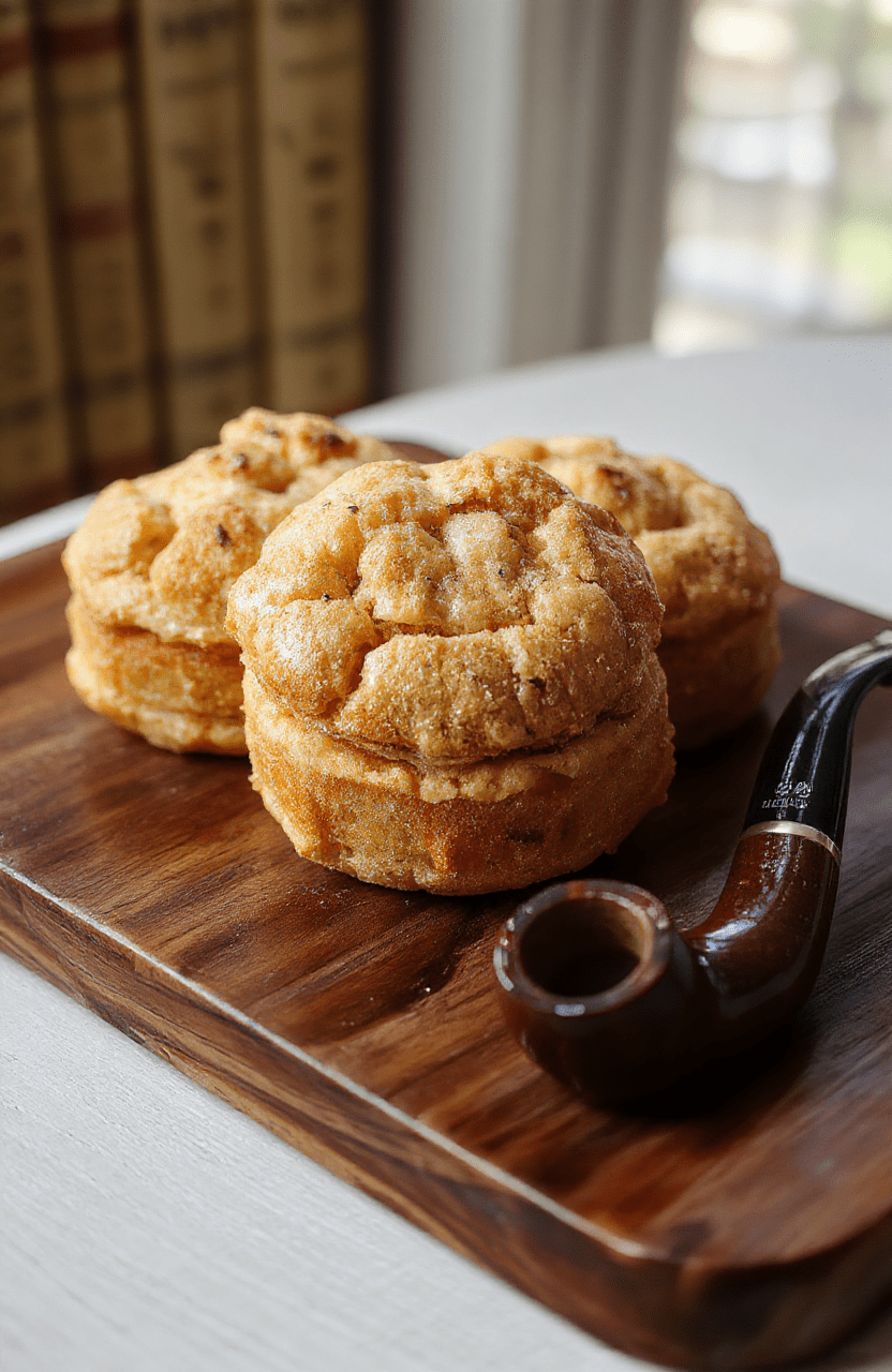 Three elegant, crumbly shortbread-style tea cakes topped with a delicate dusting of powdered sugar, resting on a rustic oak tray beside a steaming mug of Earl Grey tea and a small sprig of dried lavender, natural daylight with soft shadows