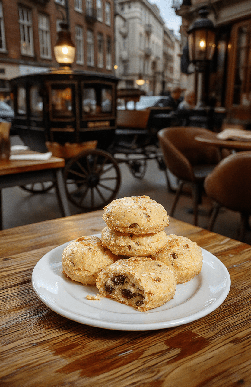 Two elegant, golden-brown tea cakes on a rustic wooden board, dusted lightly with powdered sugar, each with a delicate Earl Grey leaf garnish, steam faintly rising, placed beside a steaming cup of Earl Grey tea in a fine bone china teacup, soft natural light, shallow depth of field, realistic textures of crumbly pastry and glossy glaze