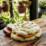 Rustic ceramic bowl filled with creamy layered onion dip topped with golden-brown fried onions, served alongside fresh veggie sticks and cracked salt on木质 cutting board, natural daylight, soft shadows, cozy outdoor picnic backdrop