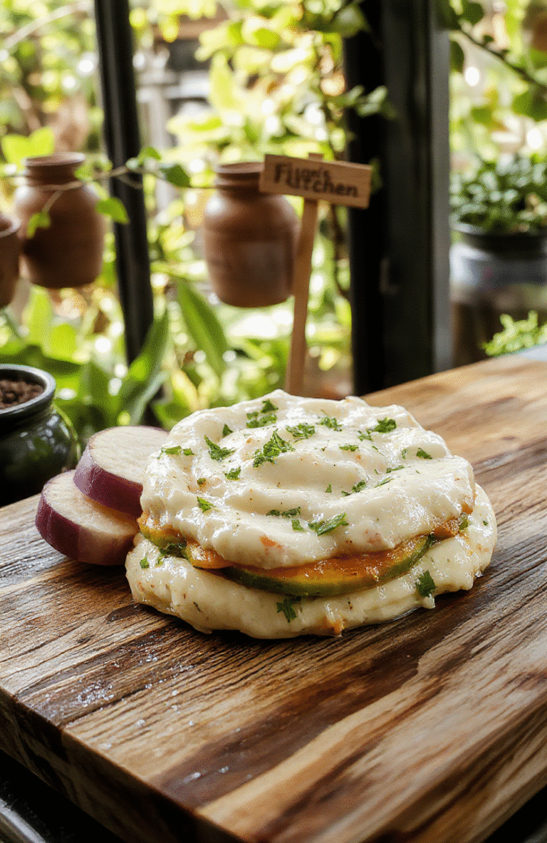 Rustic ceramic bowl filled with creamy layered onion dip topped with golden-brown fried onions, served alongside fresh veggie sticks and cracked salt on木质 cutting board, natural daylight, soft shadows, cozy outdoor picnic backdrop
