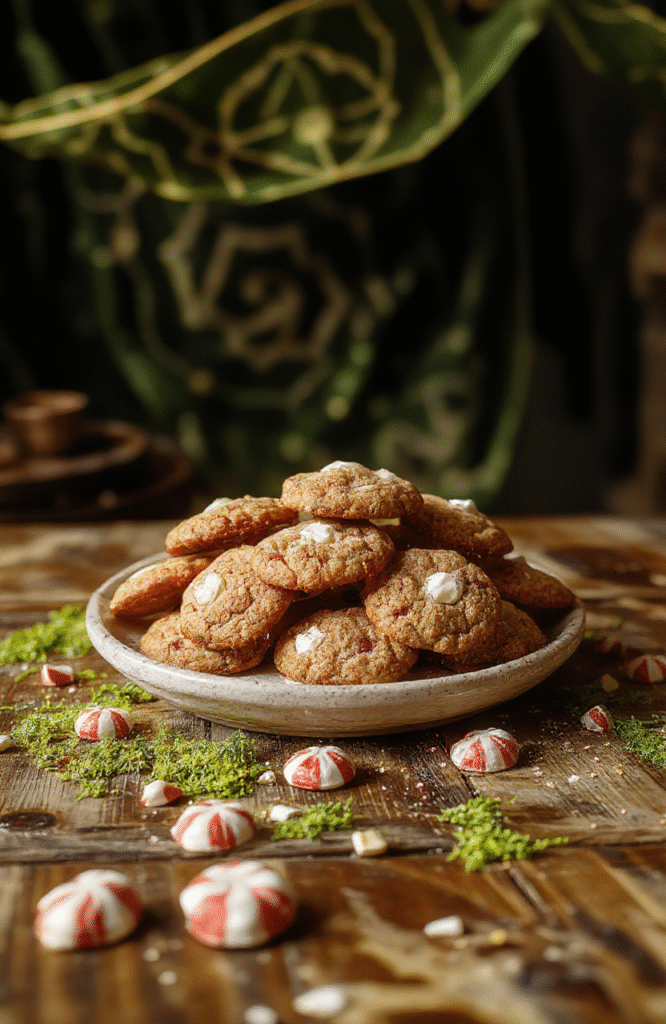 Colorful gumdrop-button cookies shaped like Gingy the gingerbread cat, with bright red buttons, blue eyes, and yellow gumdrop accents on a rustic wooden board, surrounded by powdered sugar and edible glitter, against a warm background with subtle swamp green accents.