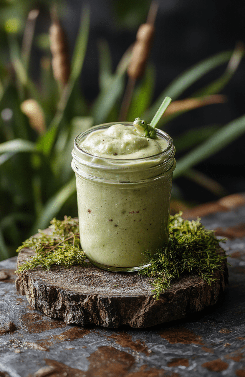 A rustic glass jar filled with layered matcha green tea custard, dark chocolate shavings, crushed graham crackers, and fresh kiwi slices, sitting on a mossy stone slab in a misty swamp. A tiny plastic frog decorates the rim, and a wand rests beside it.