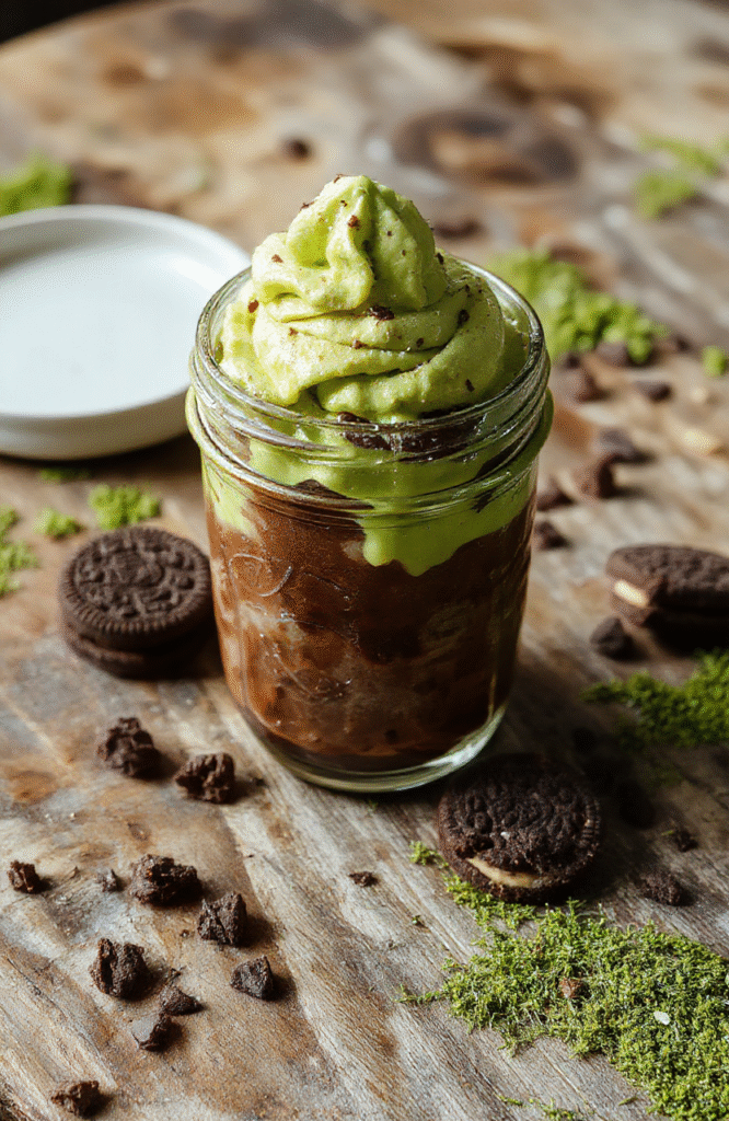 A lush forest-green parfait in an amber mason jar, layered with dark chocolate mousse, crumbled Oreo 'mud', edible moss, chocolate soil, and a dusting of matcha powder, with a candied violet garnish and a tiny Shrek figurine peeking over the rim, placed on a rustic wooden countertop with dewy leaves scattered around