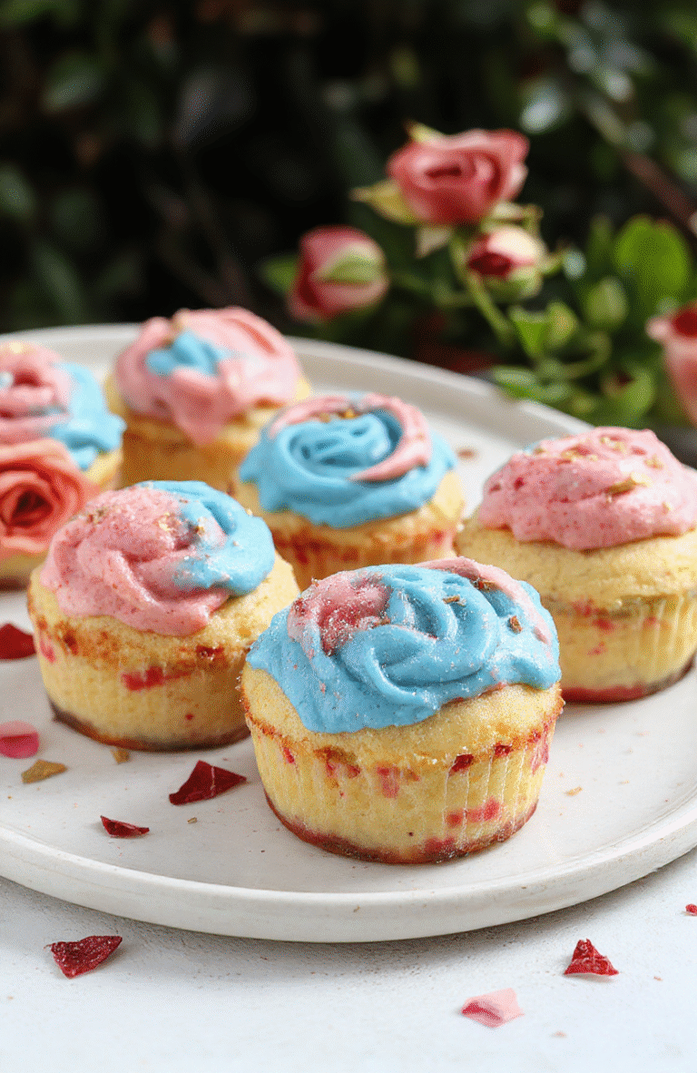 Two whimsical pink and blue velvet cupcakes on a tiered silver cake stand, each topped with sugared rose petals and edible glitter, set against a soft purple backdrop with golden fairy lights. One cupcake features a fondant key motif, the other a tiny睡公主 crown, with shimmering frosting swirls and a drizzle of raspberry and blueberry coulis.