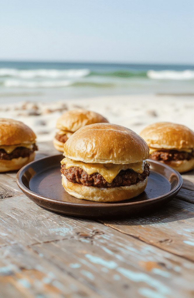 Three golden-brown mini burger sliders on a small white ceramic plate, each topped with melted American cheese, a slice of dill pickle, a ring of onion, and a custom 'Krabby Patty' patty with visible grill marks, served on soft potato buns, garnished with lettuce and tomato slices, backdrop of sandy beach and ocean blue accents
